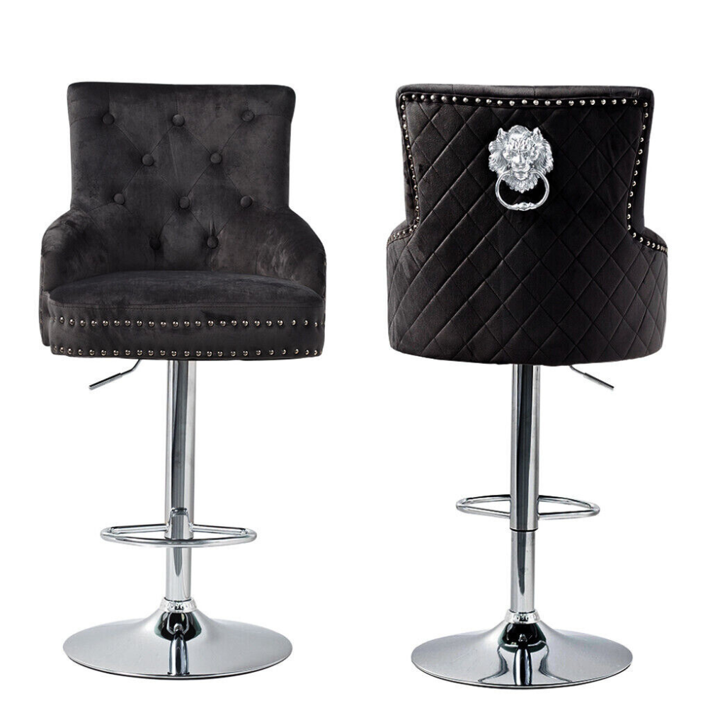 Velvet Swivel Bar Stools with Luxurious Upholstery and Lion Knocker Detail