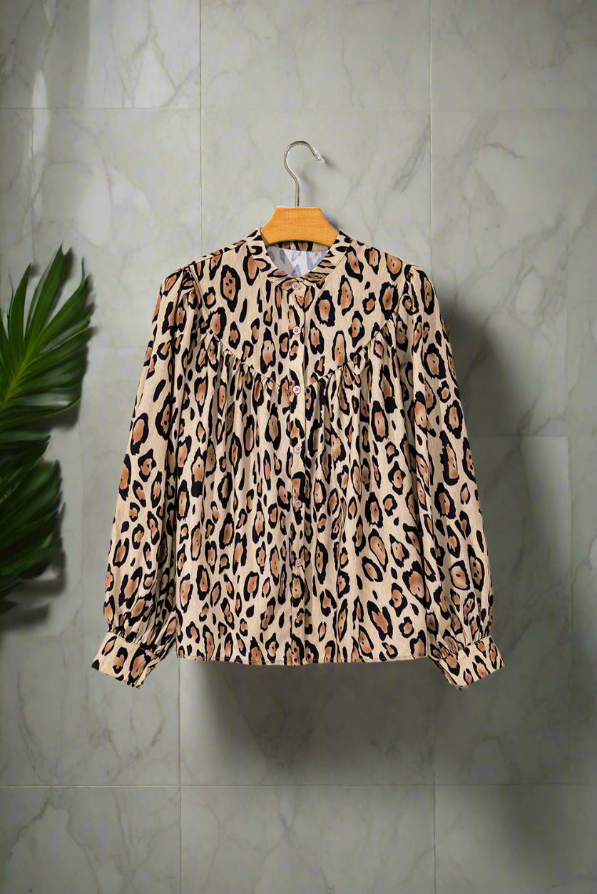French Beige Light Leopard Print Loose Blouse
