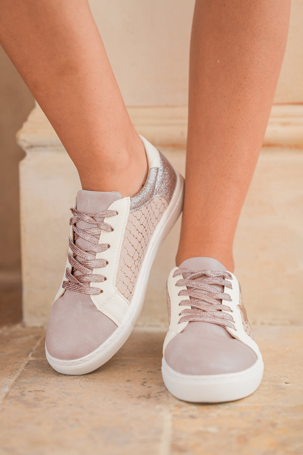 Glitter Star Patchwork Leather Lace-up Sneakers