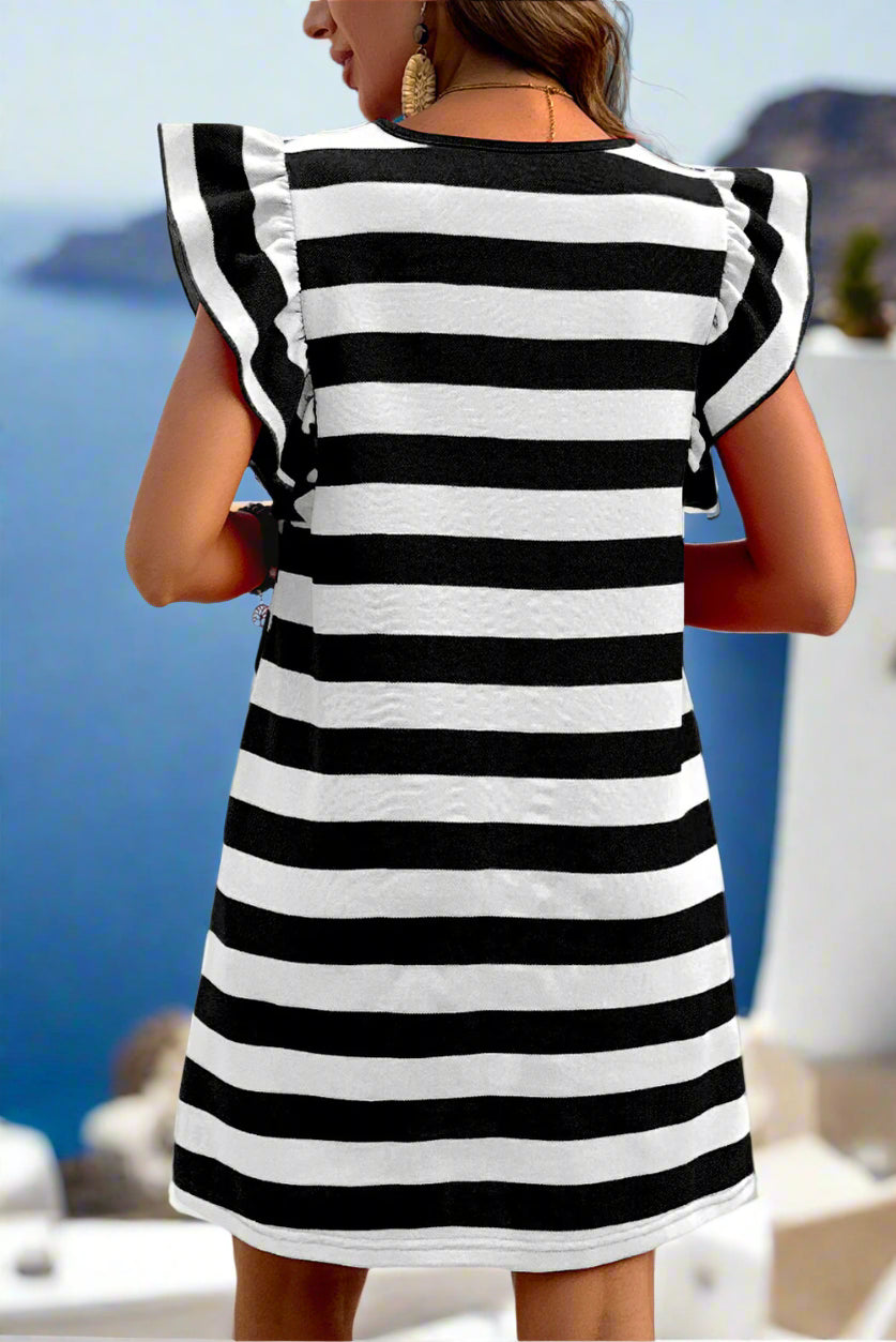 Flutter Sleeve Round Neck Shift Mini Dress