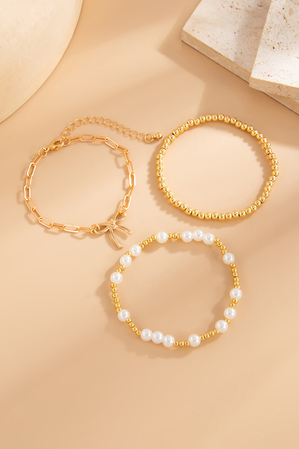 Gold Bow Pearl Decor Beaded Bracelet Set