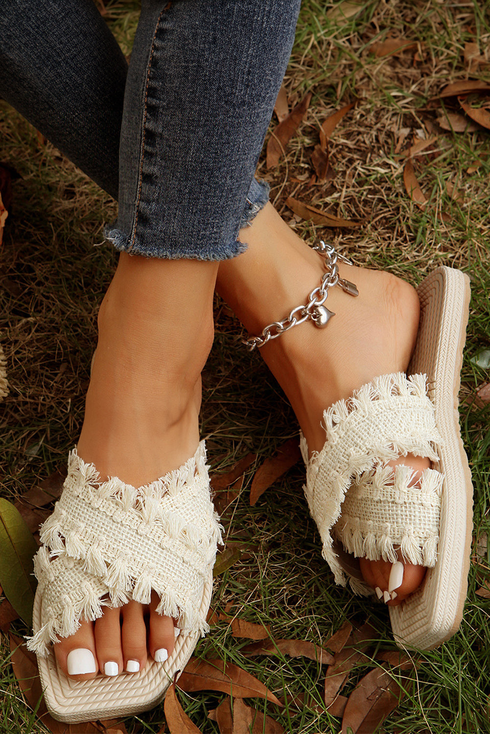 Tassel Woven Crossed Straps Flat Slides