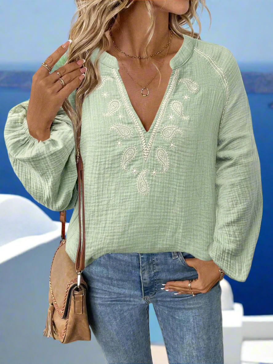Paula Paisley Pattern Notched Long Sleeve Blouse