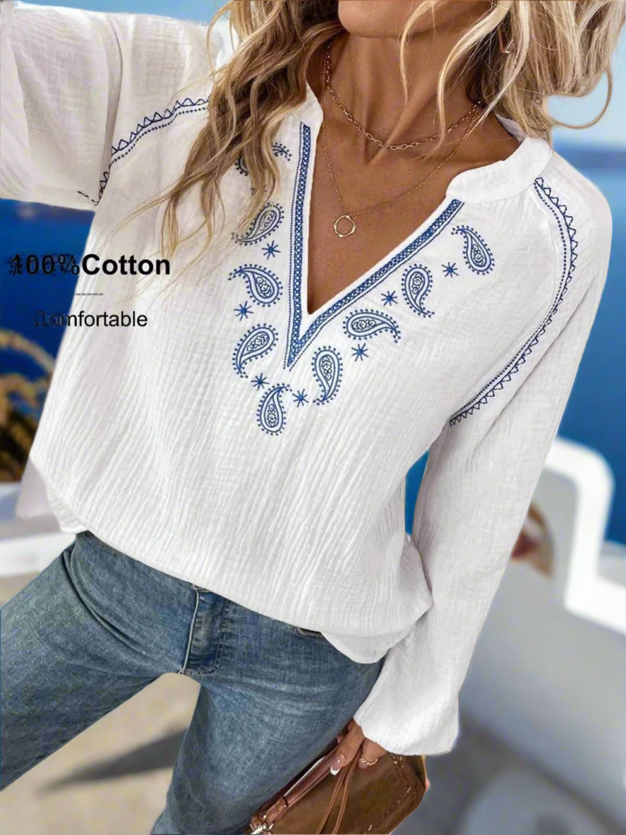 Paula Paisley Pattern Notched Long Sleeve Blouse