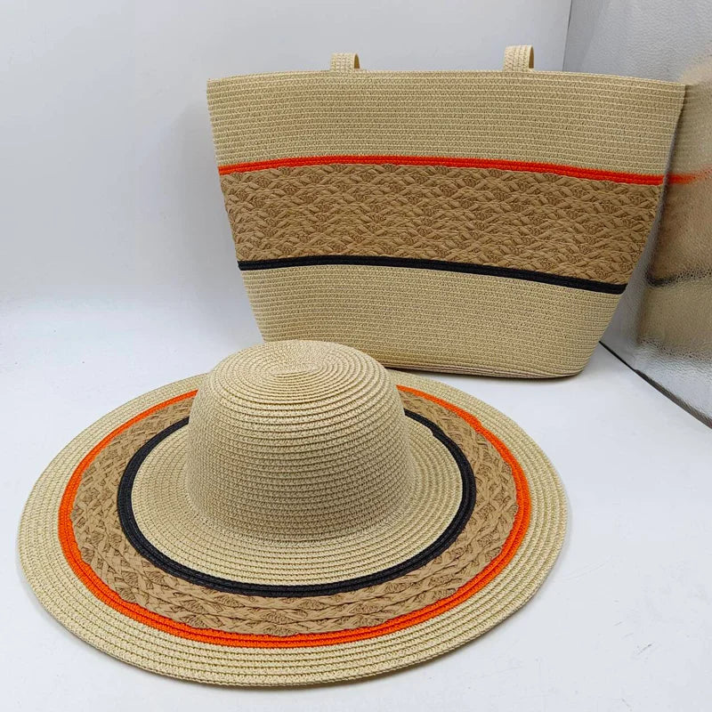 Three-Piece Set - Various Coloured Straw Hat & Bag