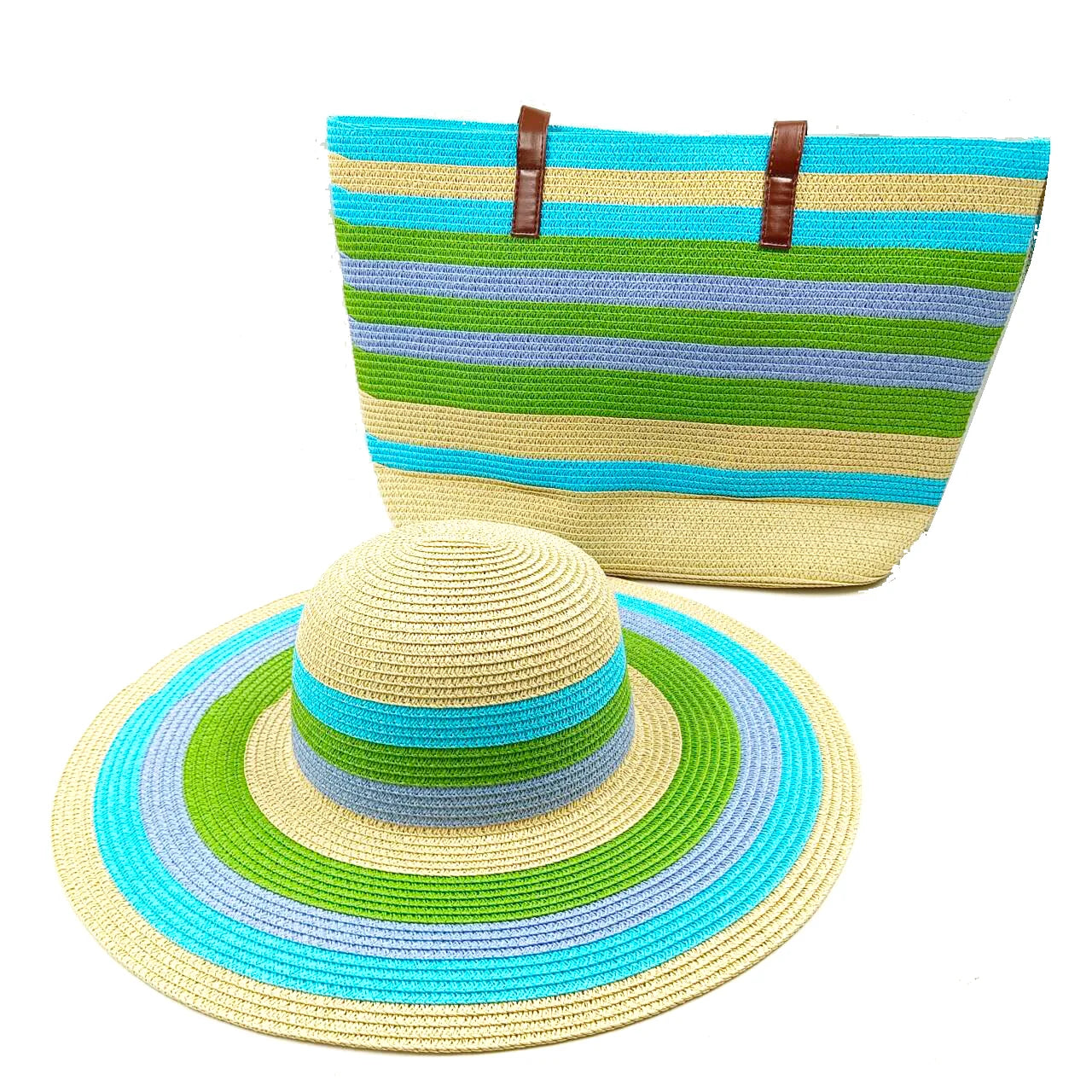 Three-Piece Set - Various Coloured Straw Hat & Bag