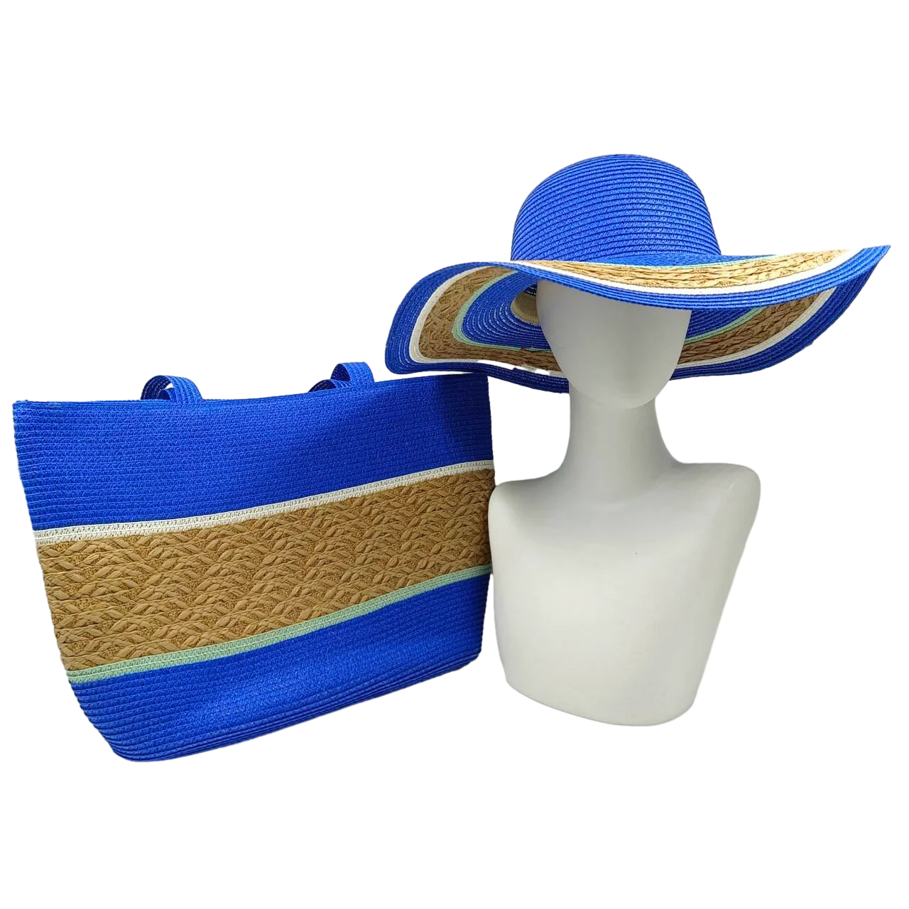 Three-Piece Set - Various Coloured Straw Hat & Bag
