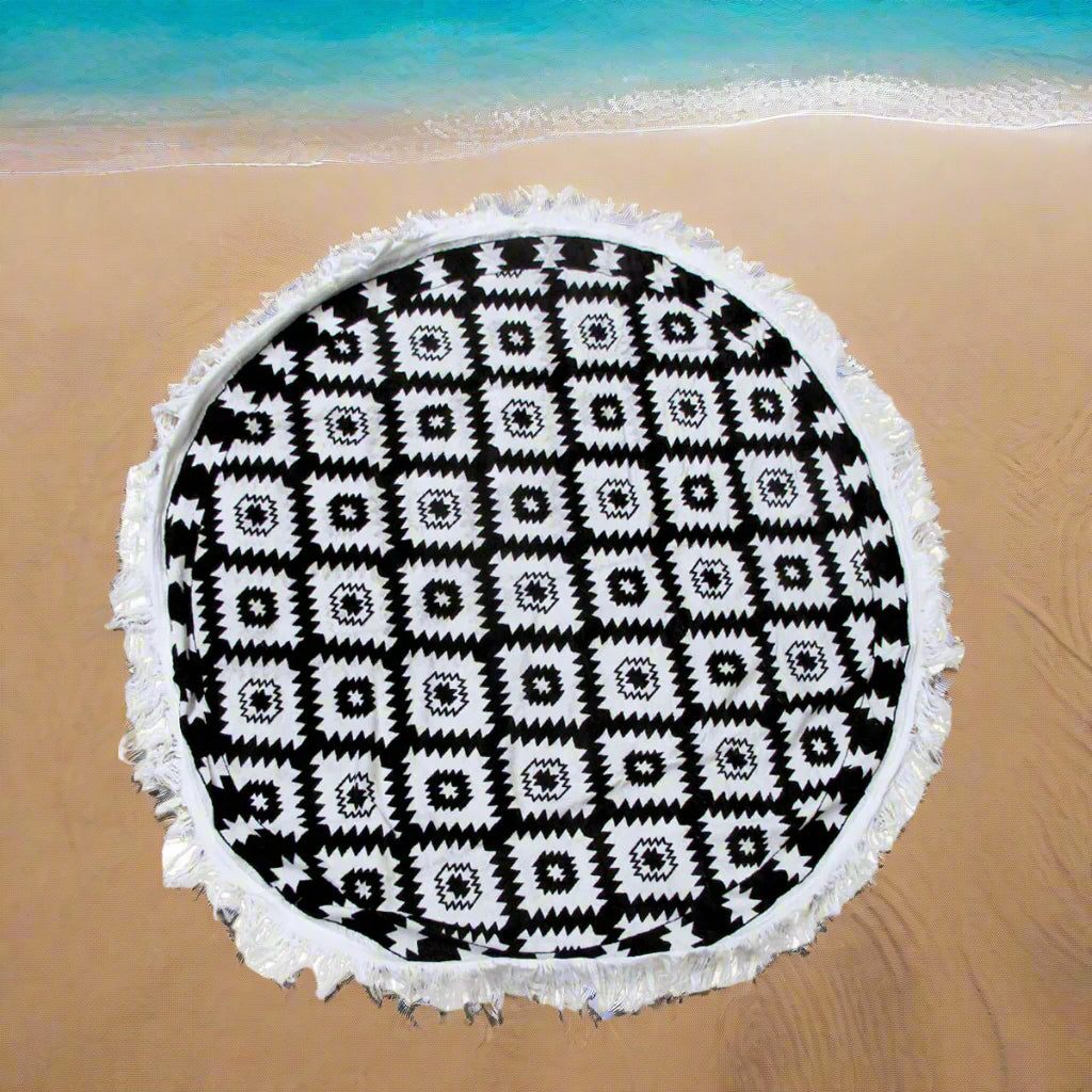 Marisol Luxe Aztec Round Beach Towel - 100% Cotton Black Geometric Design
