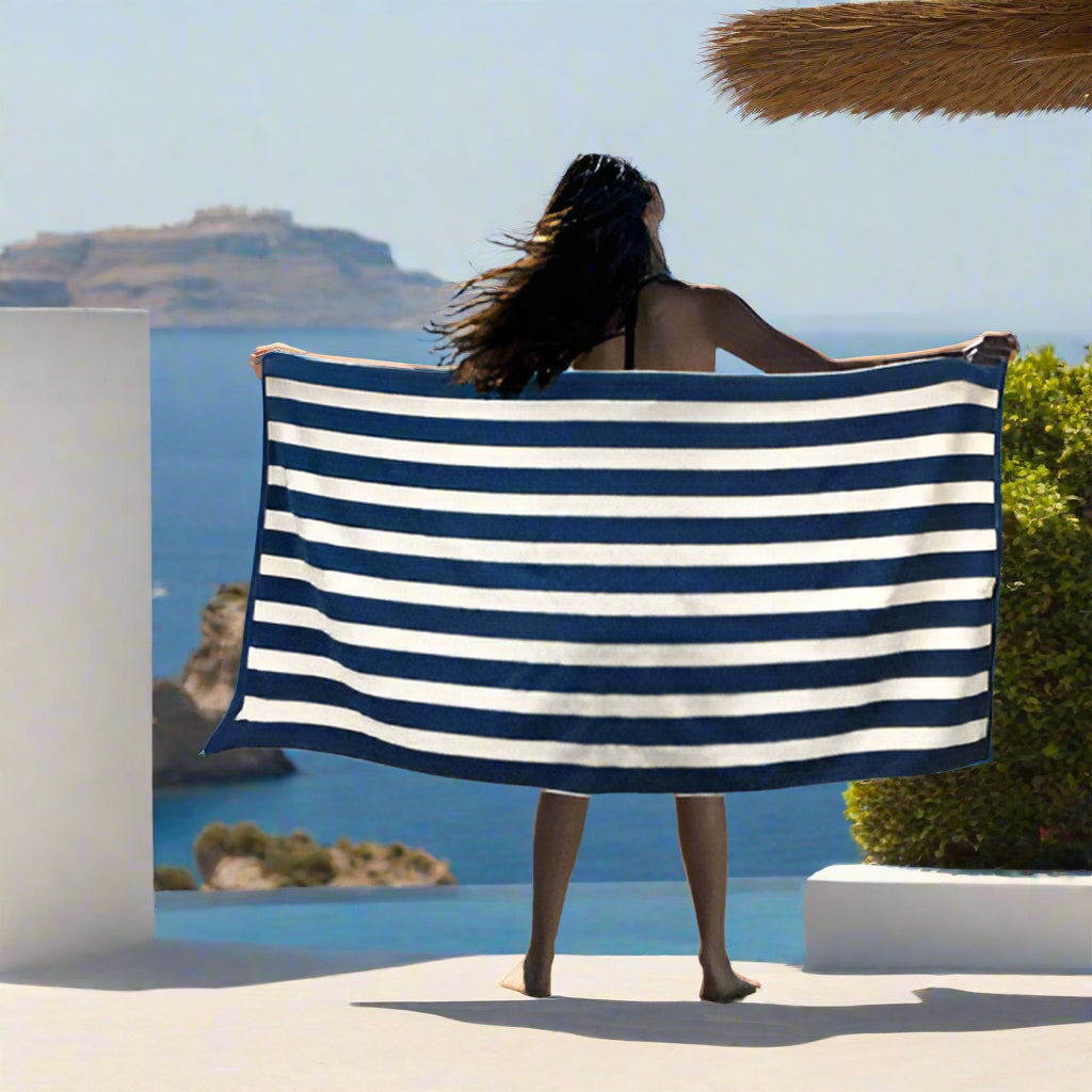 Marisol Luxe Blue Striped Beach Towel - 100% Cotton Terry 75x150cm