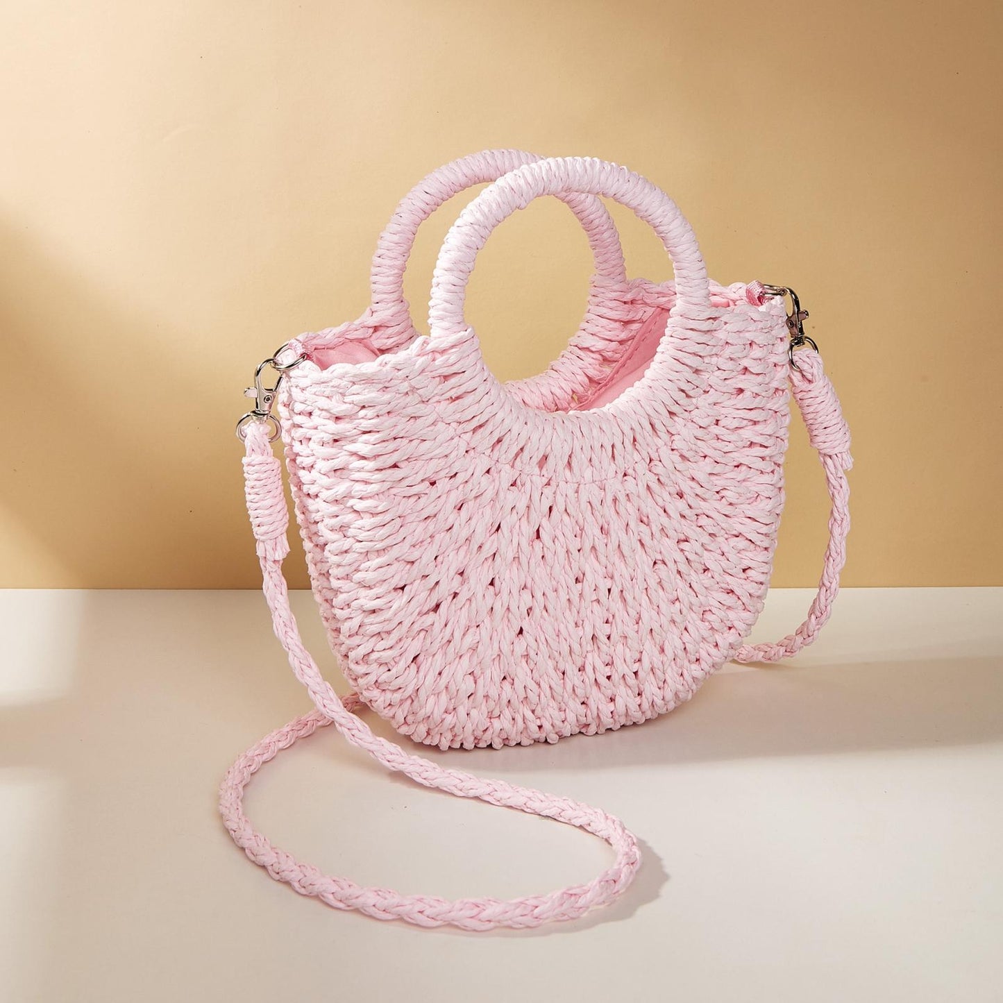 Pink Half Moon Straw Tote Woven Beach Bag