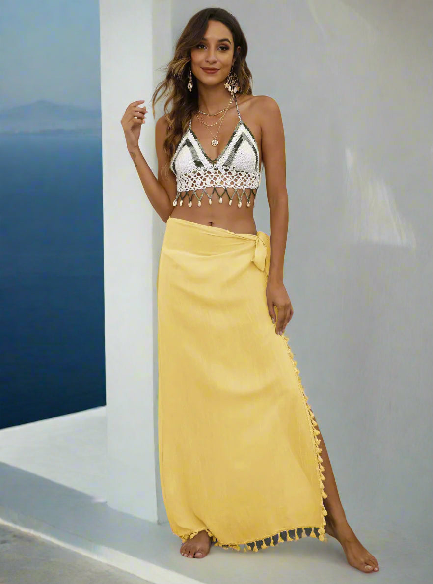 Beach Skirt Cover-up - Yellow Lightweight Tassel Sarong - 104x86cm