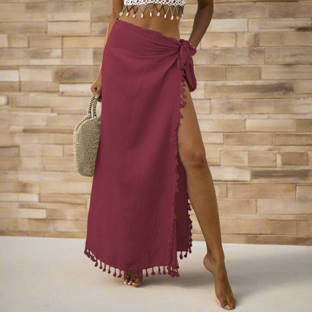 Beach Skirt Cover-Up - Red Lightweight Tassel Sarong - 104x86cm