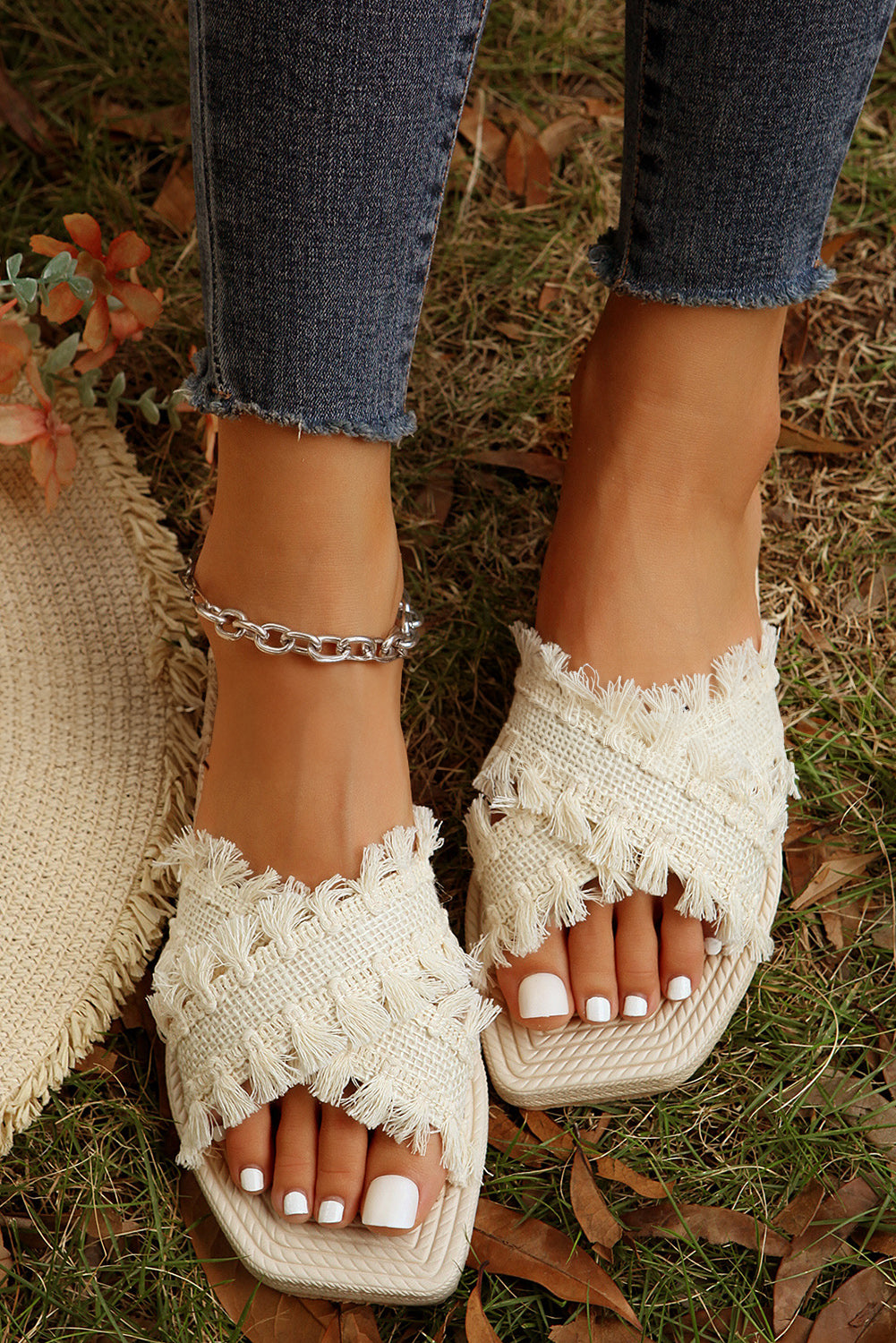 Tassel Woven Crossed Straps Flat Slides