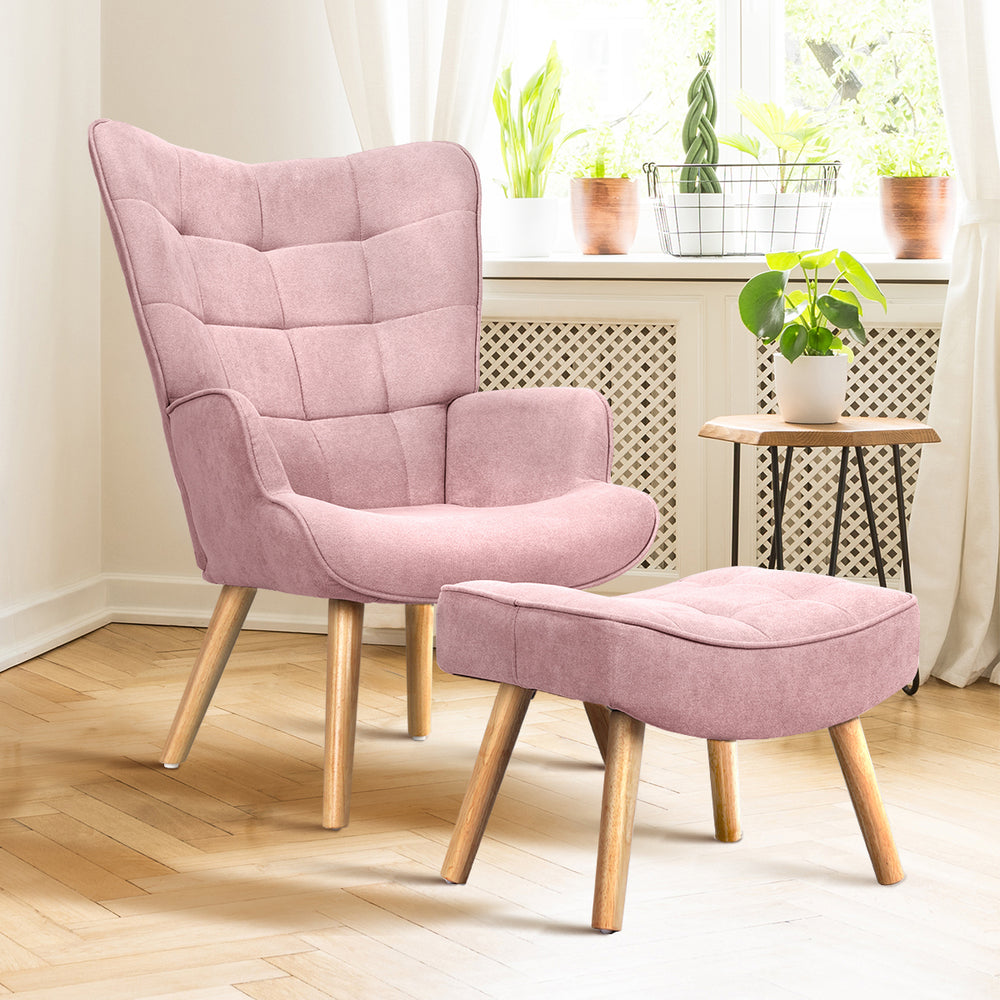 Armchair Set Ottoman Fabric Sofa Chairs Pink