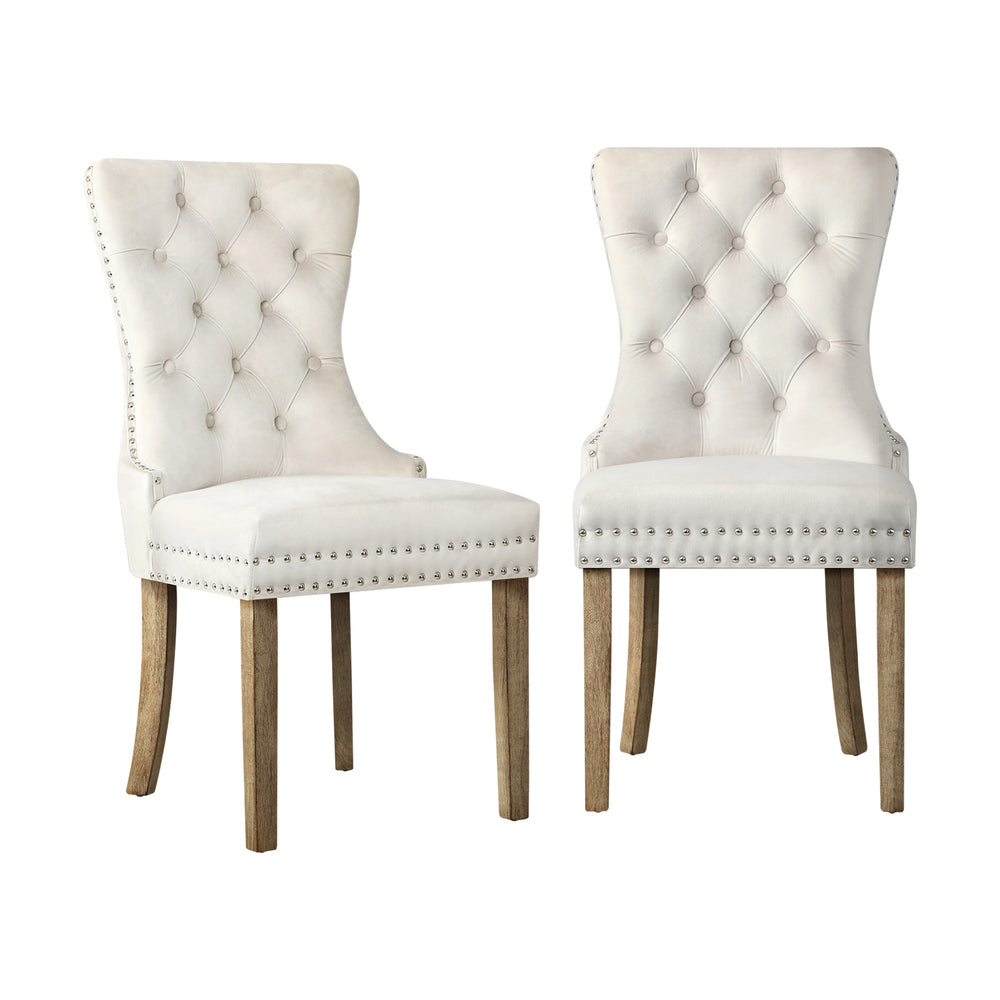 Set of 2 Velvet Dining Chairs French Tufted Beige