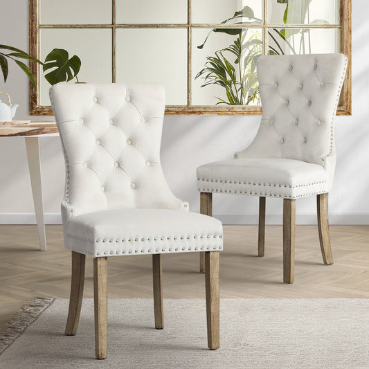 Set of 2 Velvet Dining Chairs French Tufted Beige