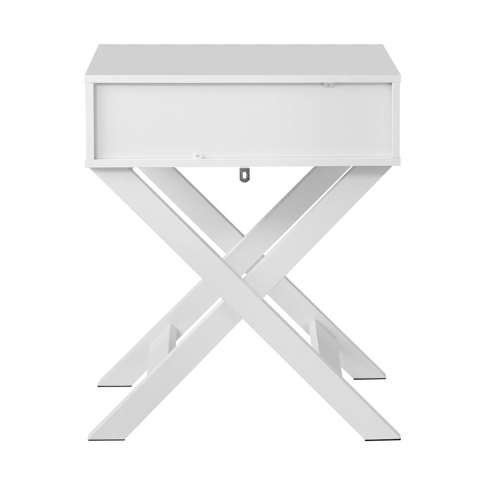 White Bedside Table Wooden Frame Cross Base