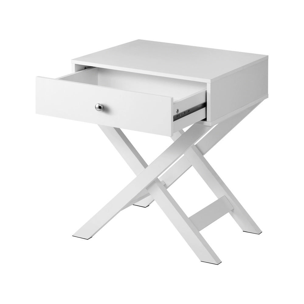White Bedside Table Wooden Frame Cross Base