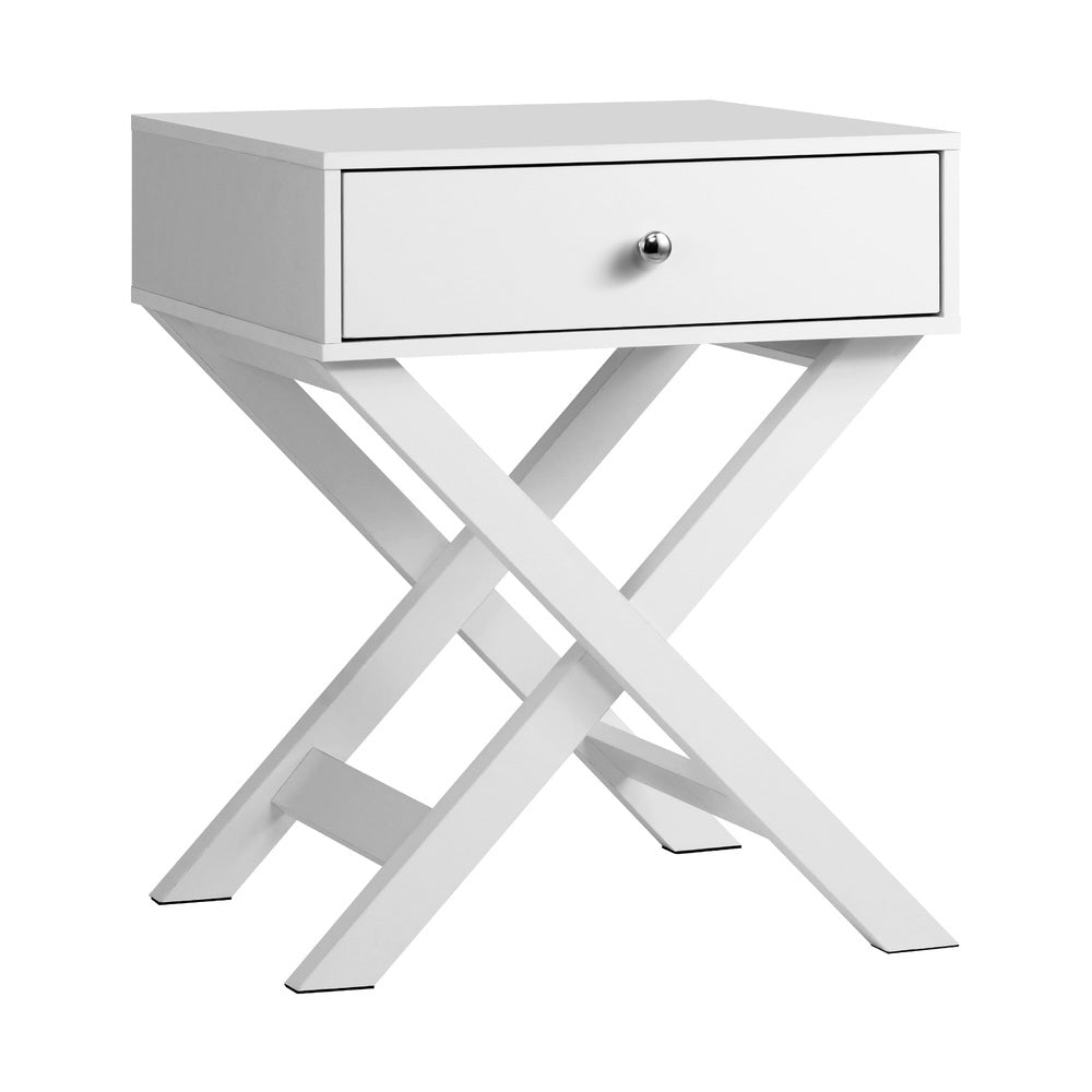 White Bedside Table Wooden Frame Cross Base