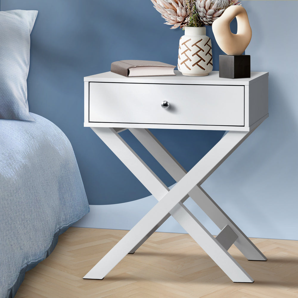 White Bedside Table Wooden Frame Cross Base