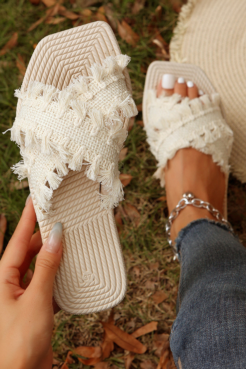 Tassel Woven Crossed Straps Flat Slides