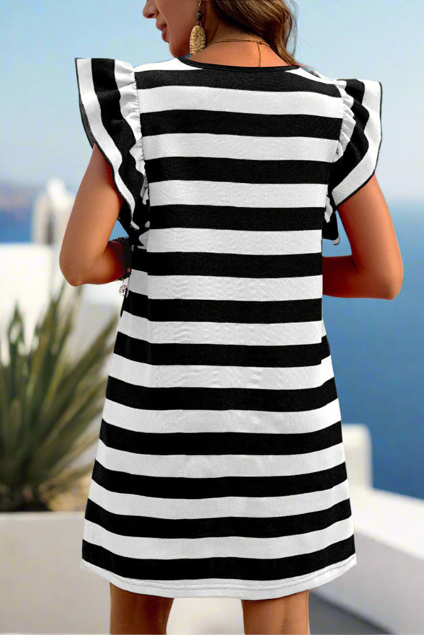Flutter Sleeve Round Neck Shift Mini Dress