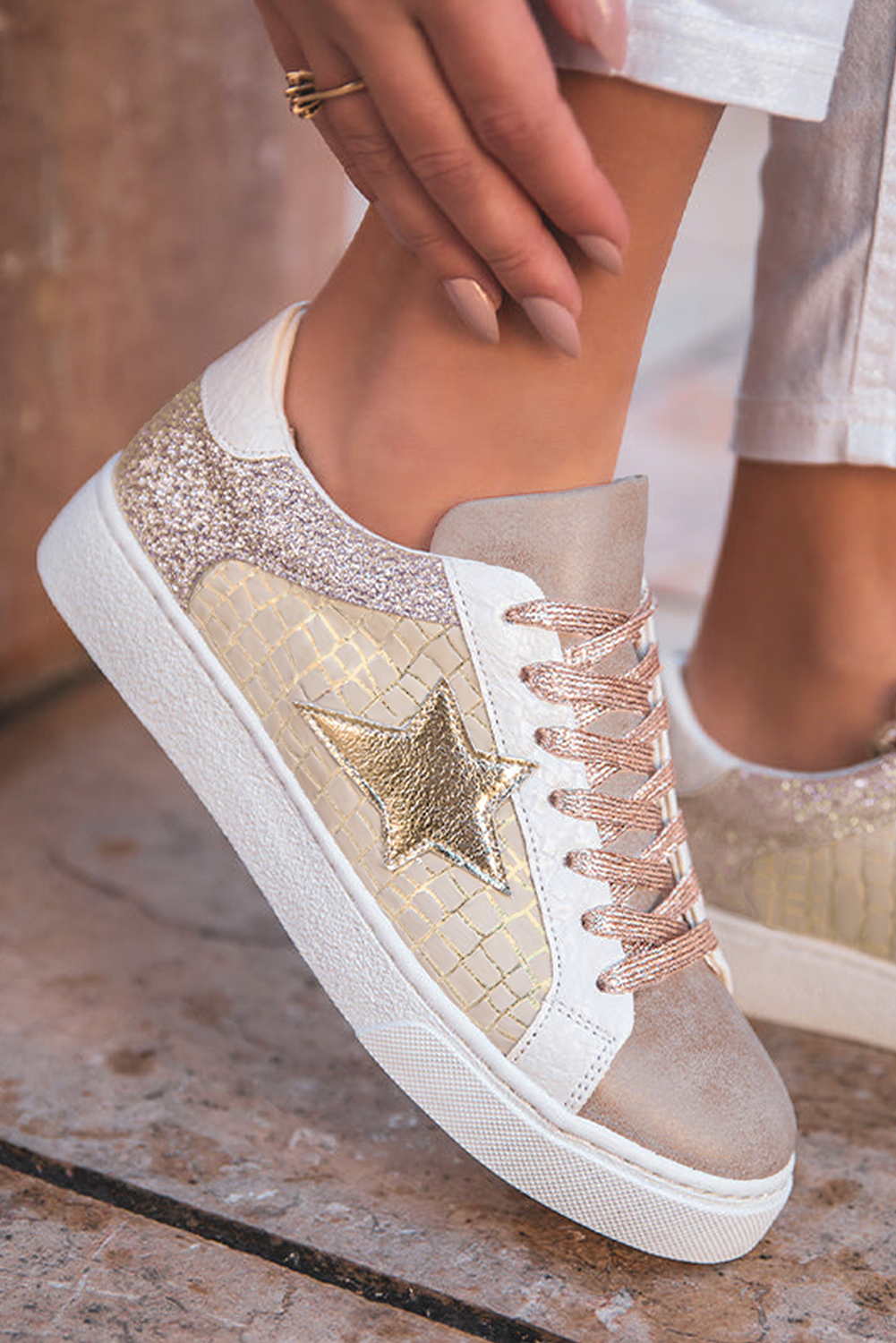 Glitter Star Patchwork Leather Lace-up Sneakers