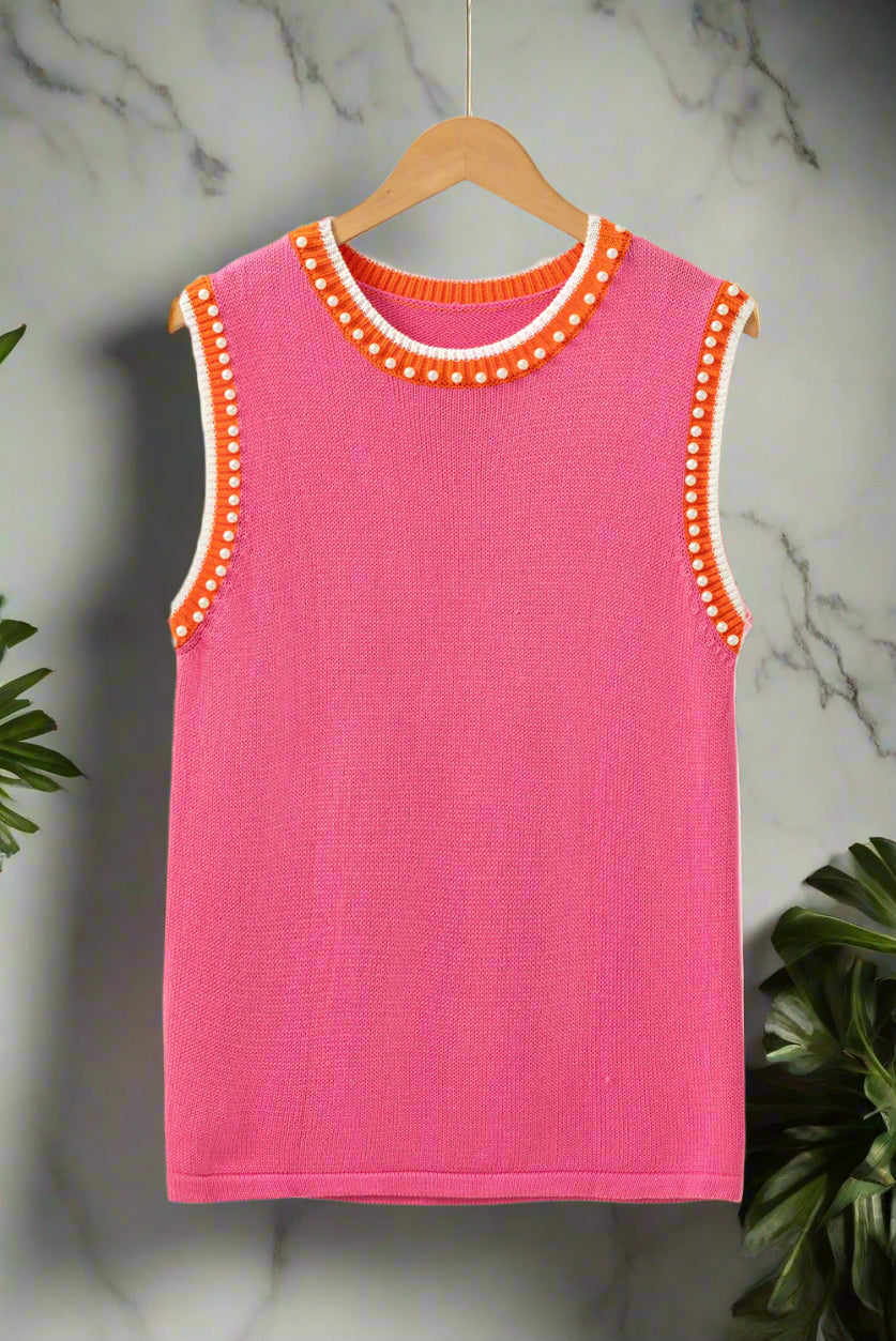 Kara Pearl Embellished Contrast Trim Sleeveless Knit Top