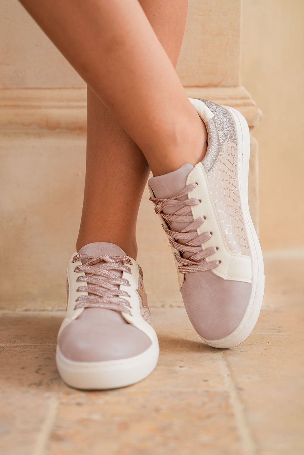Glitter Star Patchwork Leather Lace-up Sneakers