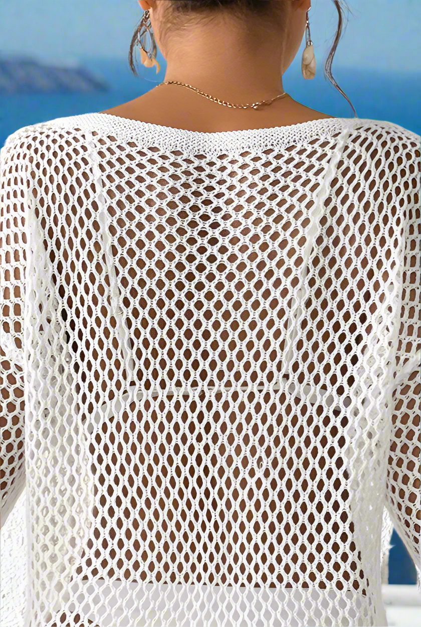 White Hollow Side Split Long Sleeve Beach Dress
