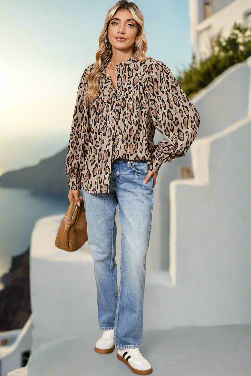 French Beige Light Leopard Print Loose Blouse