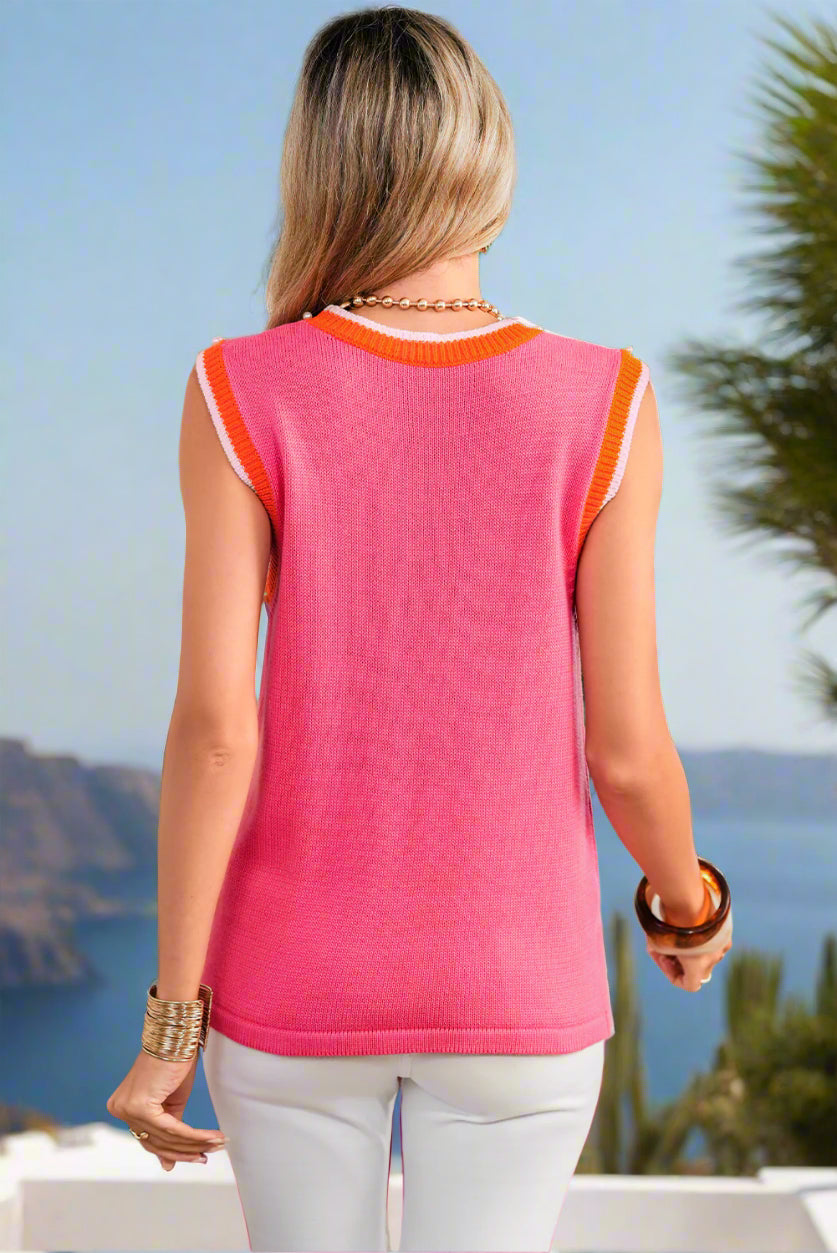 Kara Pearl Embellished Contrast Trim Sleeveless Knit Top