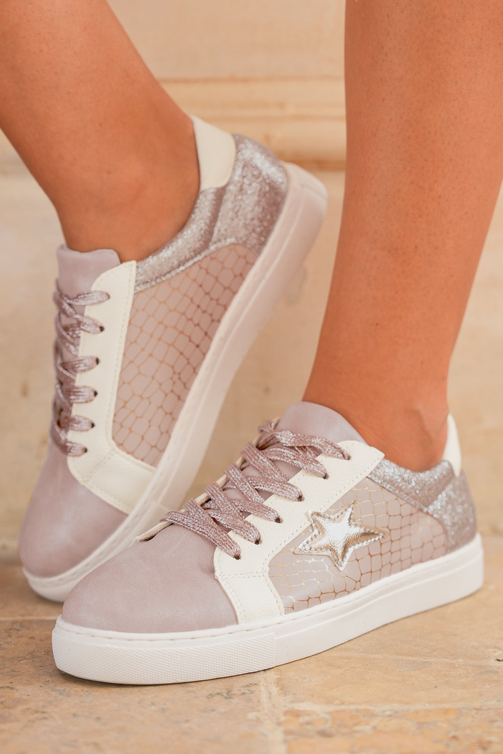 Glitter Star Patchwork Leather Lace-up Sneakers