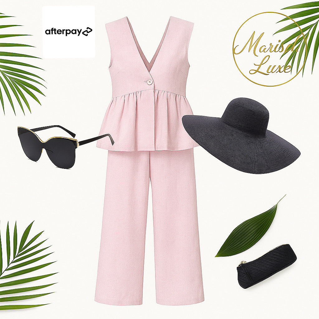 Nia Linen Button Down Peplum Vest and Pants Set