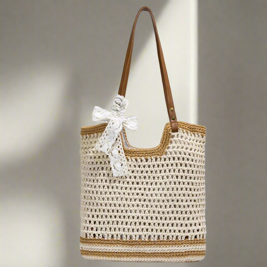 Woven Straw Tote Bag with Bow Detail