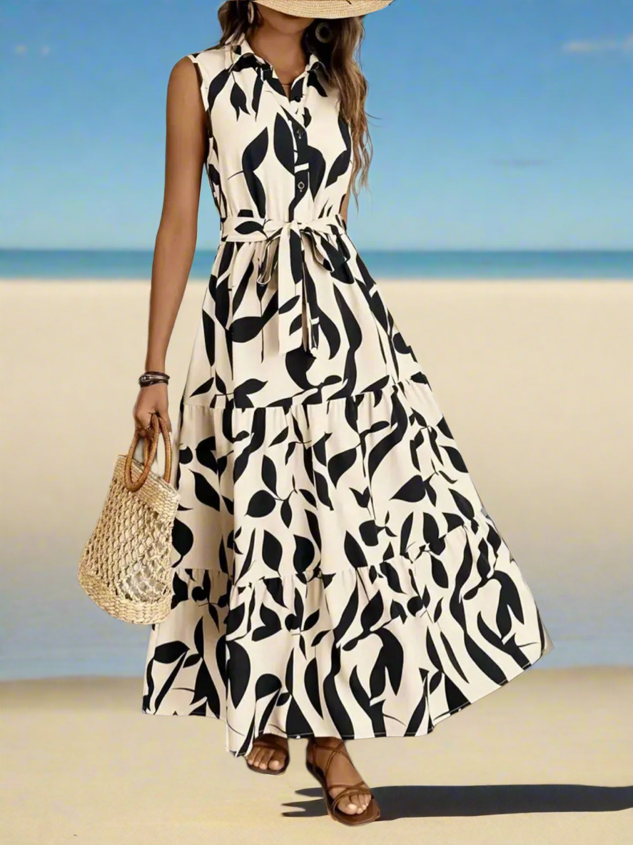 Luxe Sleeveless Maxi Dress - Printed Tie Waist