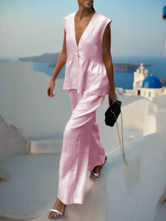 Nia Linen Button Down Peplum Vest and Pants Set