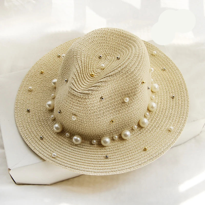 Summer British Pearl Beading Flat Brimmed Straw Hat