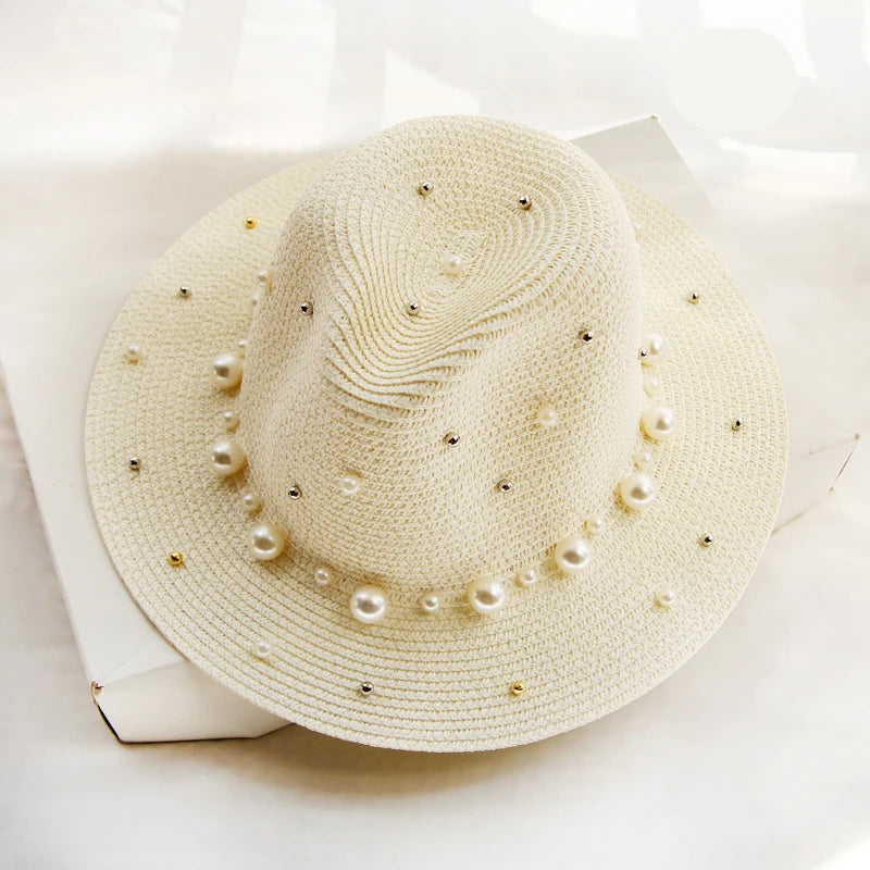 Summer British Pearl Beading Flat Brimmed Straw Hat