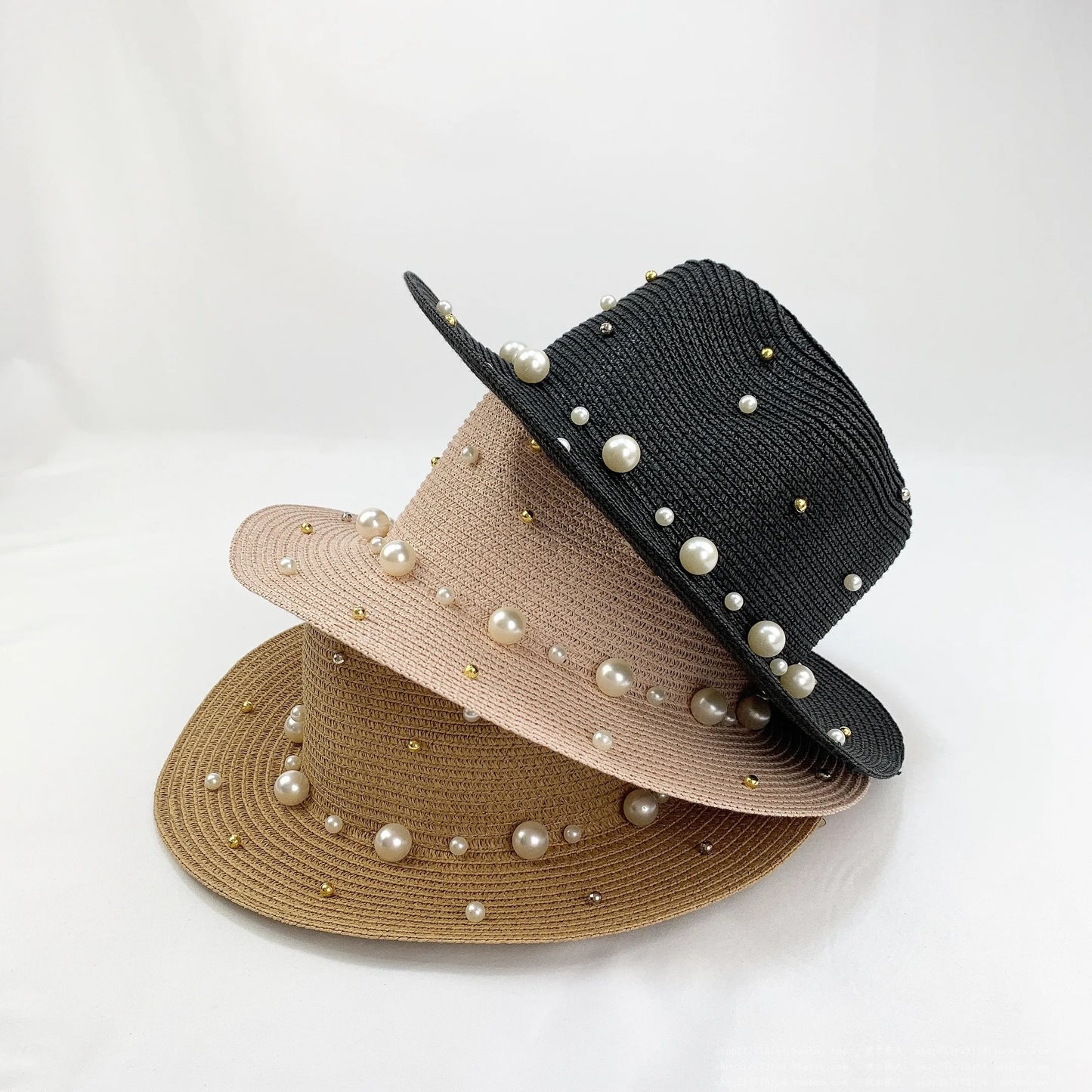 Summer British Pearl Beading Flat Brimmed Straw Hat