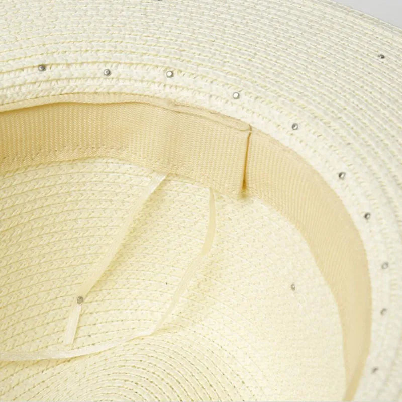 Summer British Pearl Beading Flat Brimmed Straw Hat