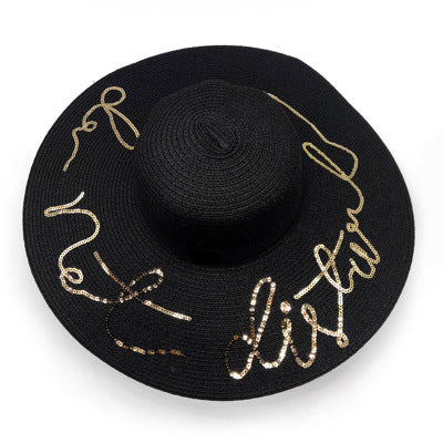 Sequined Embroidery Floral  wide Brim Straw Beach Hat