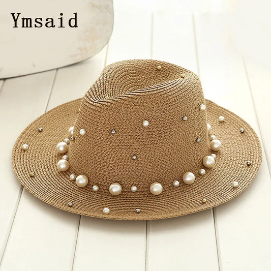 Summer British Pearl Beading Flat Brimmed Straw Hat