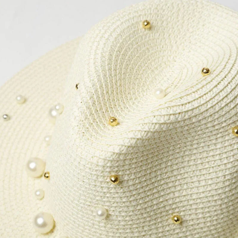 Summer British Pearl Beading Flat Brimmed Straw Hat