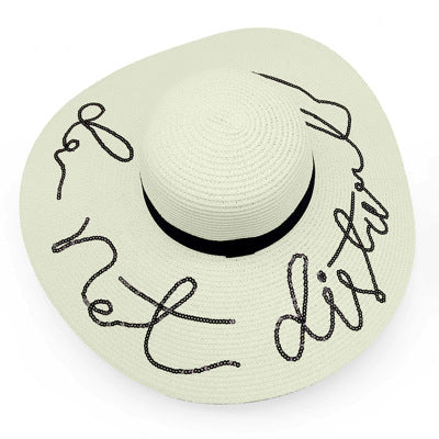 Sequined Embroidery Floral  wide Brim Straw Beach Hat