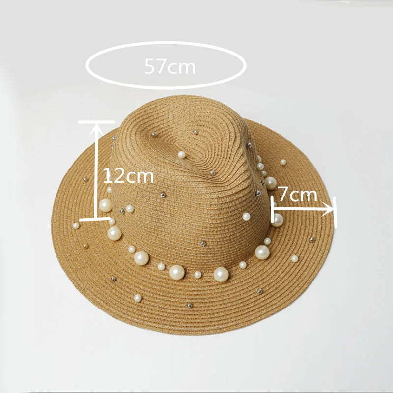 Summer British Pearl Beading Flat Brimmed Straw Hat