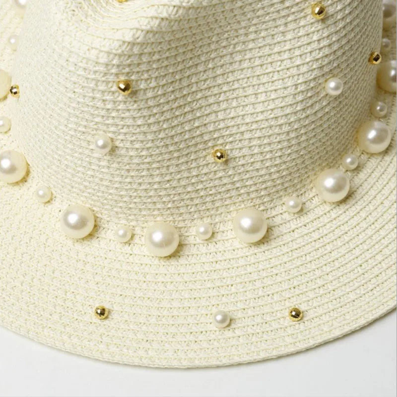 Summer British Pearl Beading Flat Brimmed Straw Hat