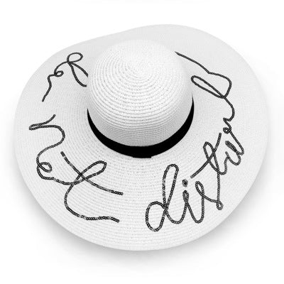 Sequined Embroidery Floral  wide Brim Straw Beach Hat