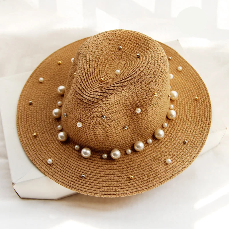 Summer British Pearl Beading Flat Brimmed Straw Hat