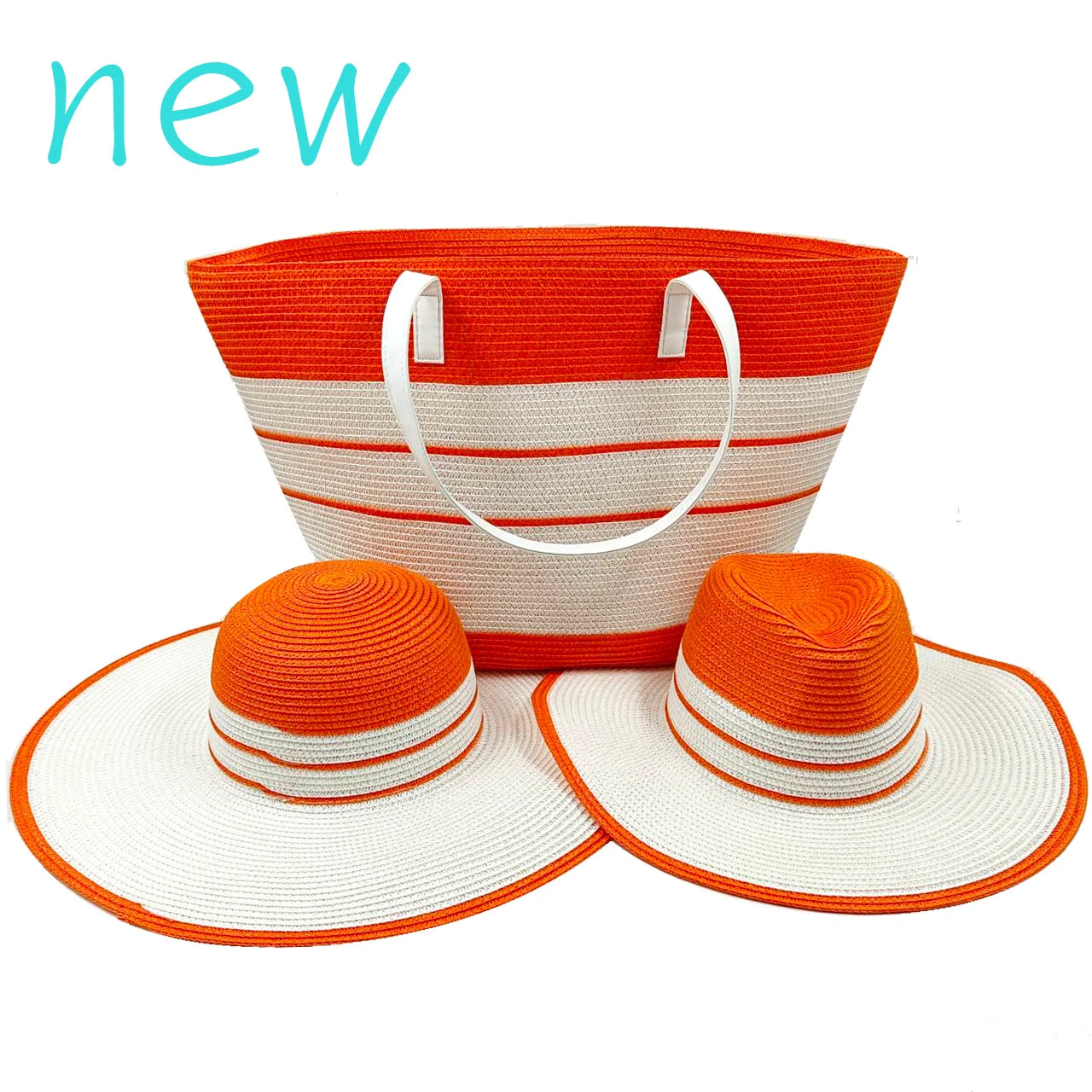 Three-Piece Set - Various Coloured Straw Hat & Bag